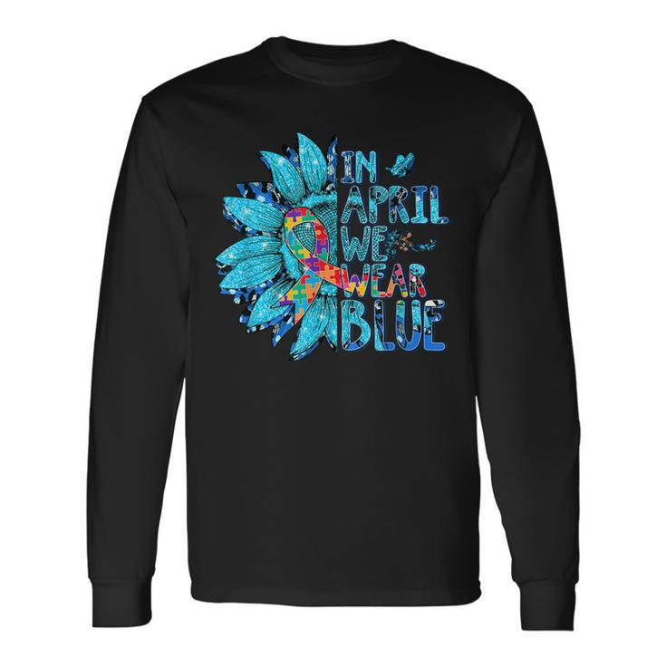 Sunflower Puzzle In April We Wear Blue Autism Awareness Long Sleeve T-Shirt T-Shirt