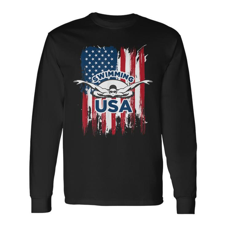 Swimming Usa Support The Team Usa Flag Pool Long Sleeve T-Shirt T-Shirt