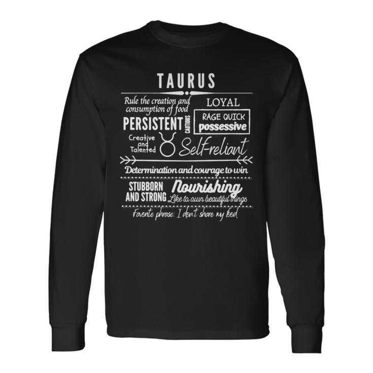 Text Taurus Zodiac Signs Traits Long Sleeve T-Shirt T-Shirt