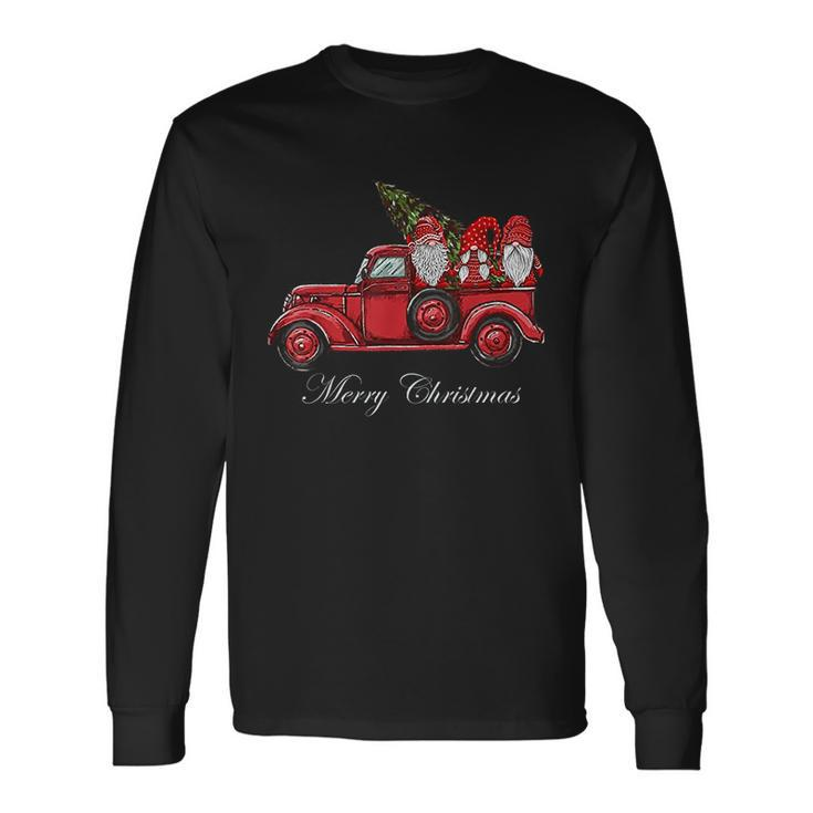 Three Gnomes In Red Truck With Merry Christmas Tree Men Women Long Sleeve T-Shirt T-shirt Graphic Print