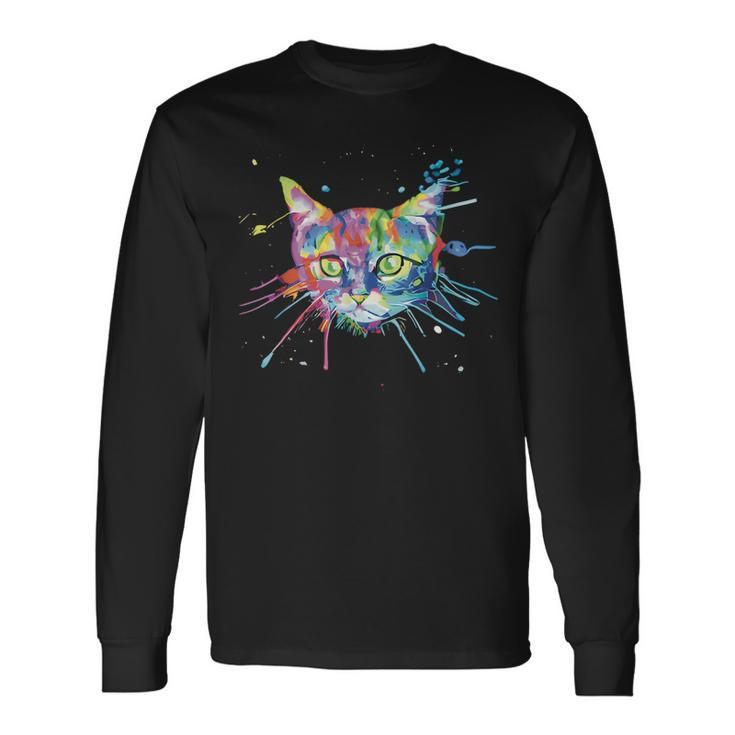 Vibrant Color Ink Splash Cat Long Sleeve T-Shirt T-Shirt