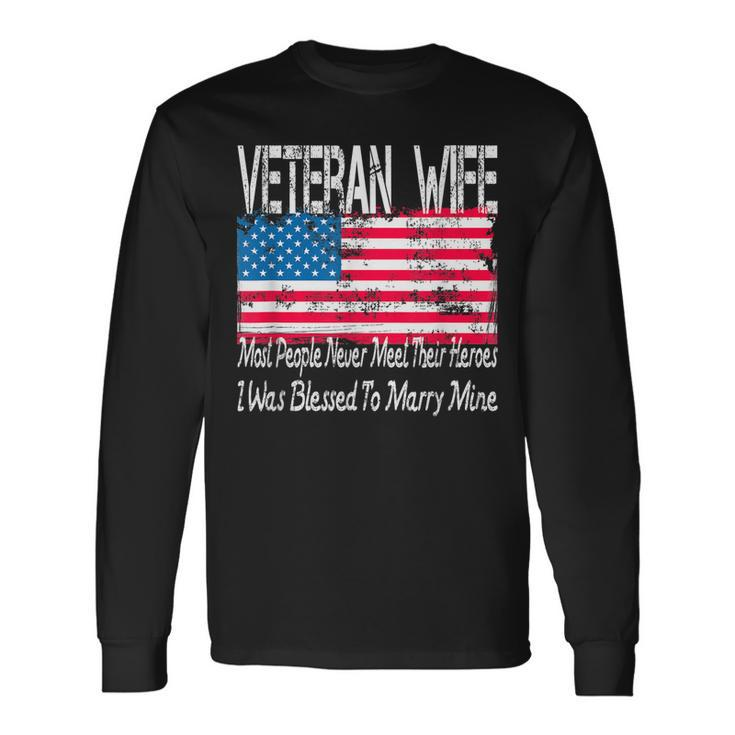 Vintage American Flag Us Military Family Veteran Wife  Men Women Long Sleeve T-shirt Graphic Print Unisex