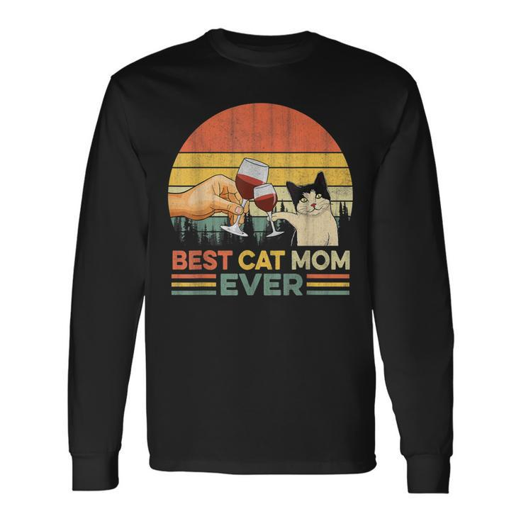 Vintage Best Cat Mom Ever Wine Drinking Women Long Sleeve T-Shirt