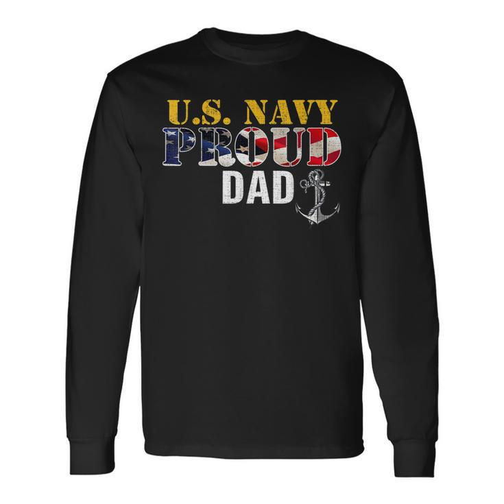 Vintage Navy Proud Dad With US American Flag Long Sleeve T-Shirt