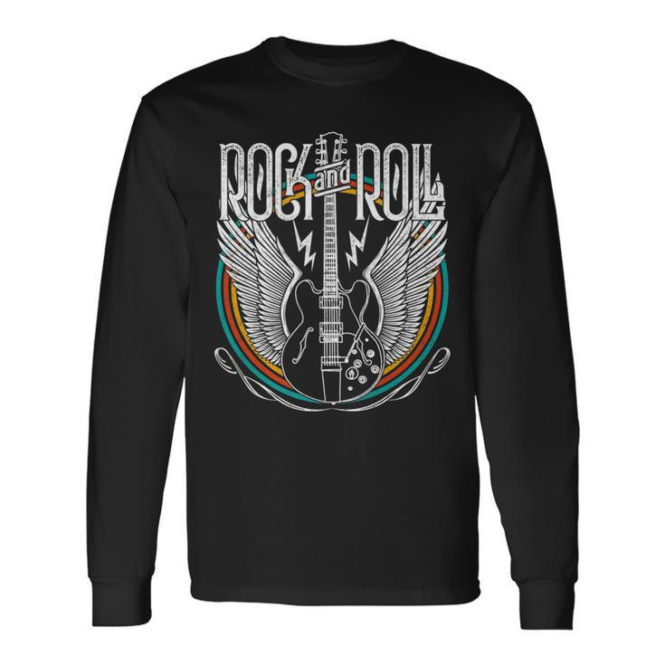 Vintage Retro Distressed 80S Rock & Roll Music Guitar Wings Long Sleeve T-Shirt