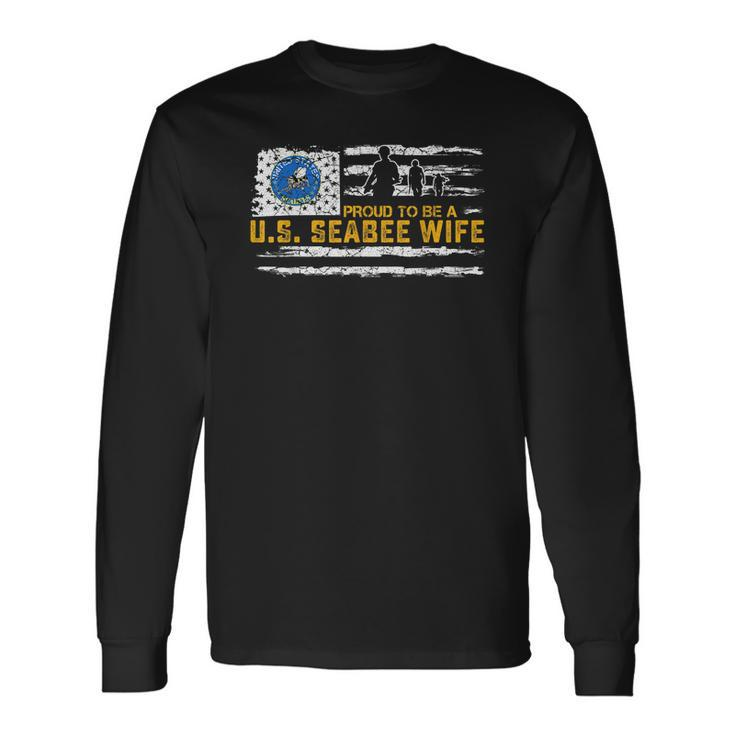 Vintage Usa American Flag Proud To Be A Seabee Wife Military Men Women Long Sleeve T-Shirt T-shirt Graphic Print