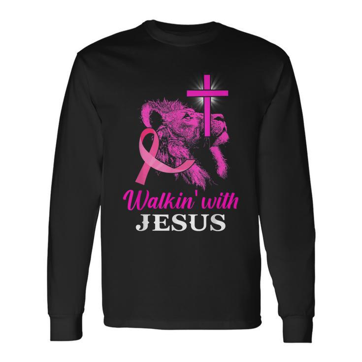 Walking With Jesus Lion Christian Cross Breast Cancer Women Long Sleeve T-Shirt