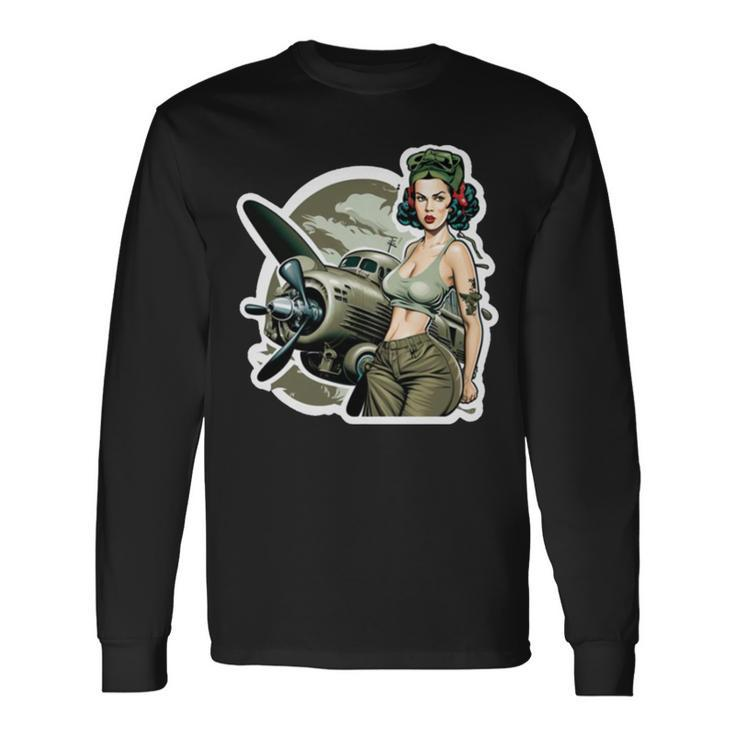 Wwii Military Aircraft Pinup Girl Long Sleeve T-Shirt