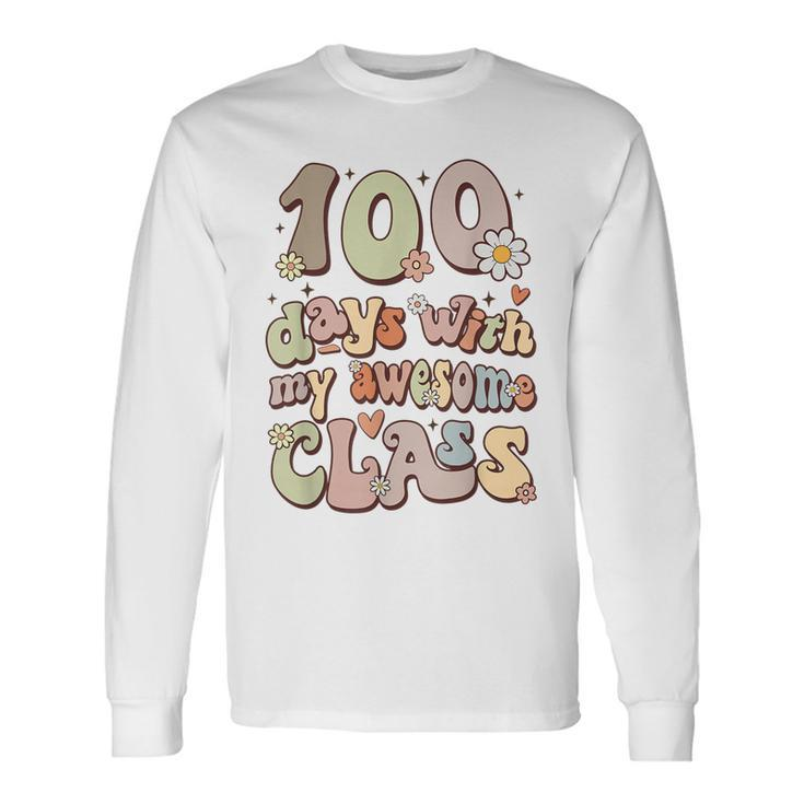 100 Days With My Awesome Class Retro Teacher Women Girls Long Sleeve T-Shirt