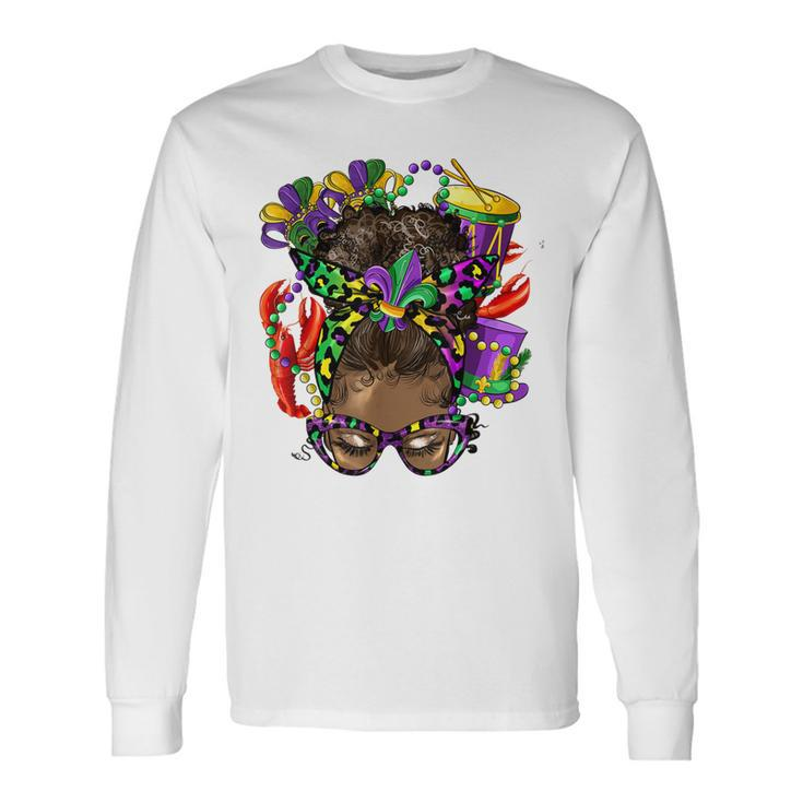 Afro Messy Bun Mardi Gras Crawfish Beads Mardi Gras Lover Long Sleeve T-Shirt