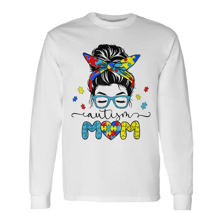 Autism Mom Messy Bun Sunglasses Bandana Autism Awareness Long Sleeve T-Shirt T-Shirt Gifts ideas