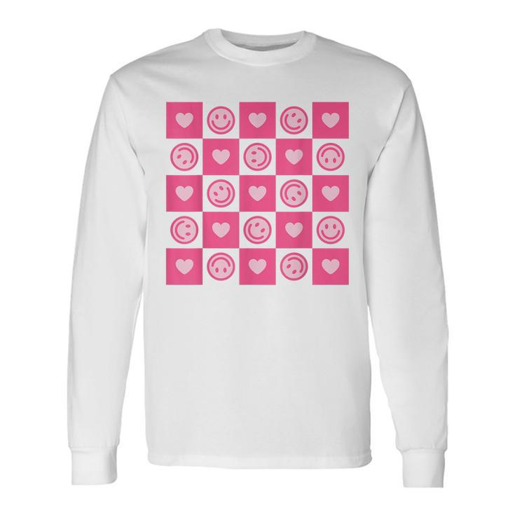 Checkered Smile Happy Face Checkerboard Indie Aesthetic Pink Long Sleeve T-Shirt