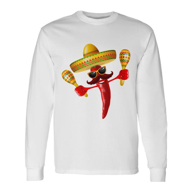 Cinco De Mayo Chili Pepper Dancing Moustache Mexican Long Sleeve T-Shirt