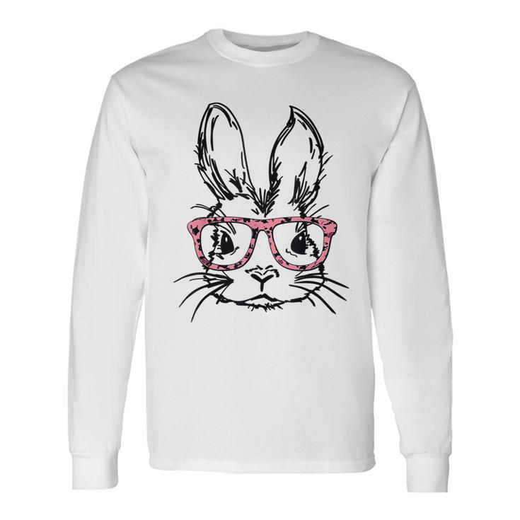 Cute Bunny With Glasses Leopard Print Easter Bunny Face Long Sleeve T-Shirt Gifts ideas