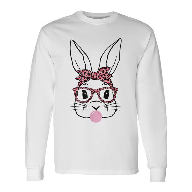 Cute Bunny Rabbit Face Leopard Glasses Girl Happy Easter Day Long Sleeve T-Shirt