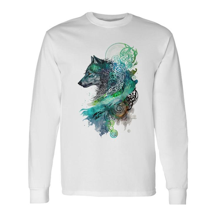 Fenrir Wolf Watercolor Viking Nordic Celtic Mythology Themed Long Sleeve T-Shirt