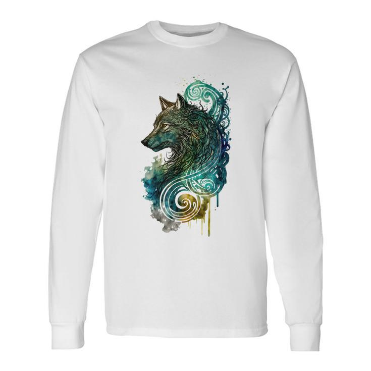 Fenrir Wolf Watercolor Viking Nordic Celtic Vikings Themed Long Sleeve T-Shirt
