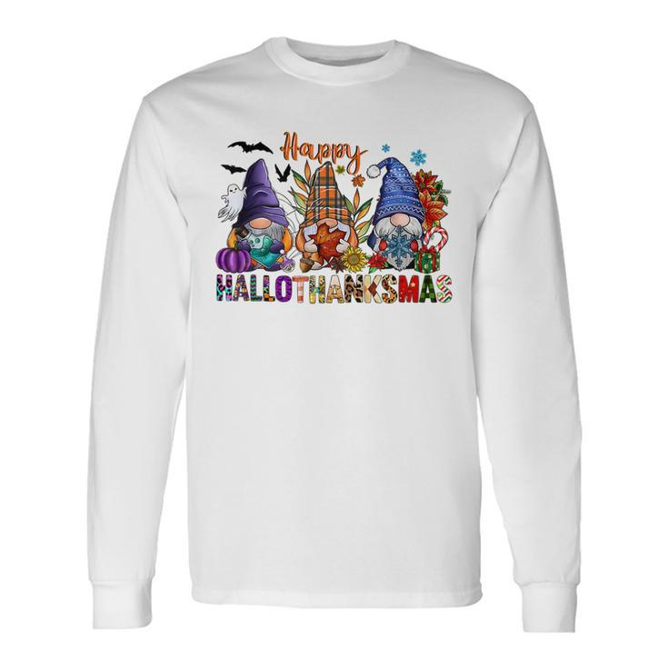 Happy Hallothanksmas Gnomes Halloween Thanksgiving Christmas V30 Men Women Long Sleeve T-Shirt T-shirt Graphic Print