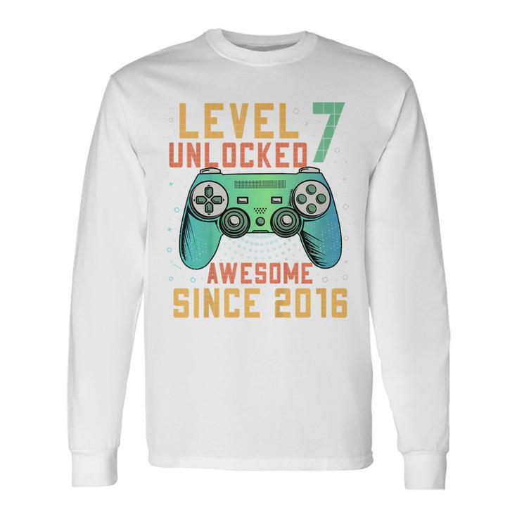 Level 7 Unlocked 7Th Birthday 7 Year Old Boy Gamer Long Sleeve T-Shirt