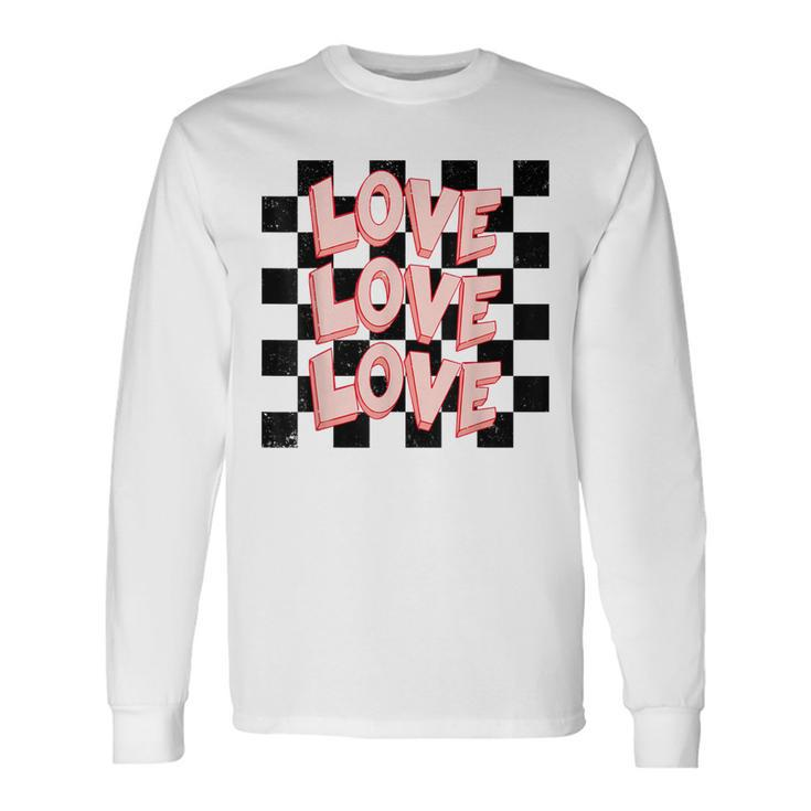 Love Heart Valentine Checkered Retro Groovy Valentines Day Long Sleeve T-Shirt