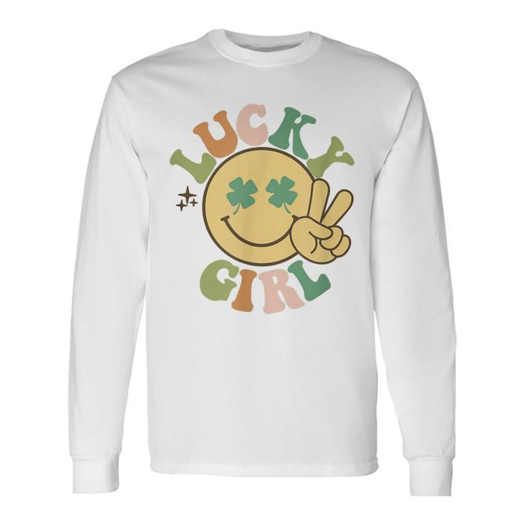 Lucky St Patricks Day Retro Smiling Face Shamrock Hippie Long Sleeve T-Shirt T-Shirt