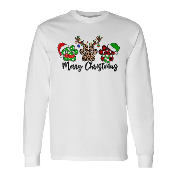 Merry Christmas Dog Paws Xmas Lights Leopard Buffalo Plaid  Men Women Long Sleeve T-shirt Graphic Print Unisex