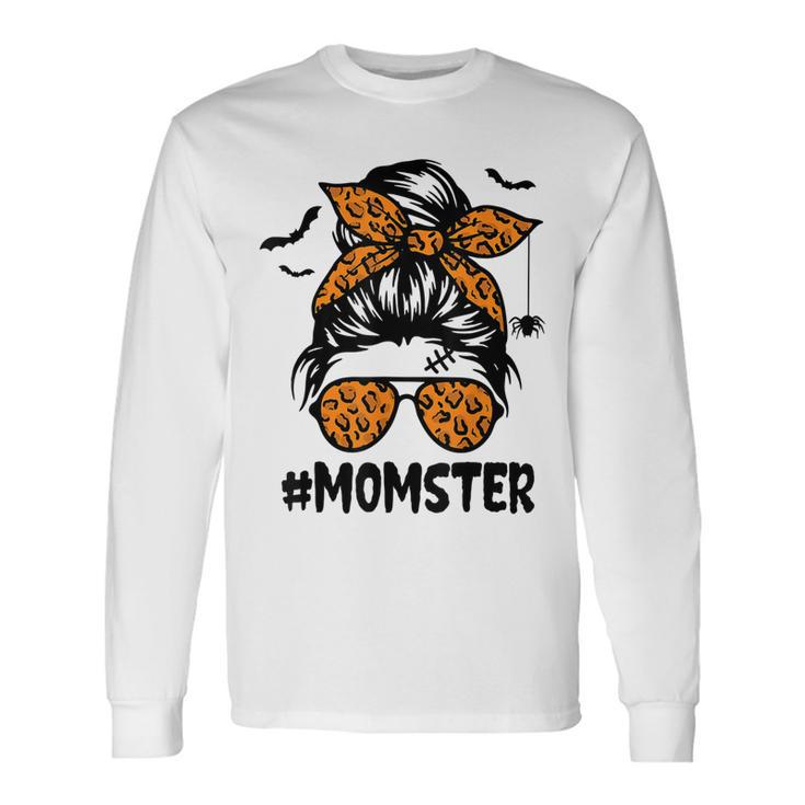 Momster For Women Halloween Mom Messy Bun Leopard Men Women Long Sleeve T-Shirt T-shirt Graphic Print