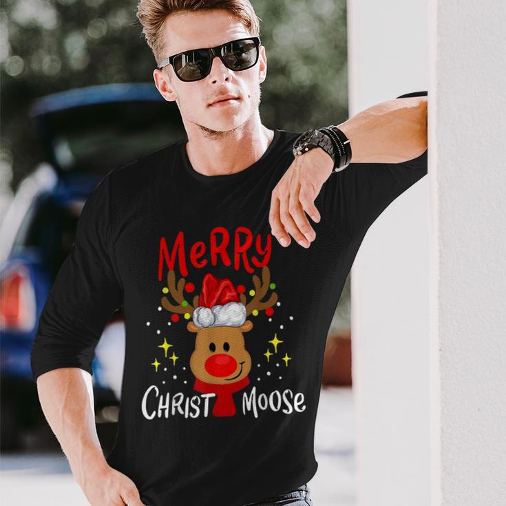 Merry Christmas Christmoose Moose Reindeer Deer Santa Hat  Men Women Long Sleeve T-shirt Graphic Print Unisex