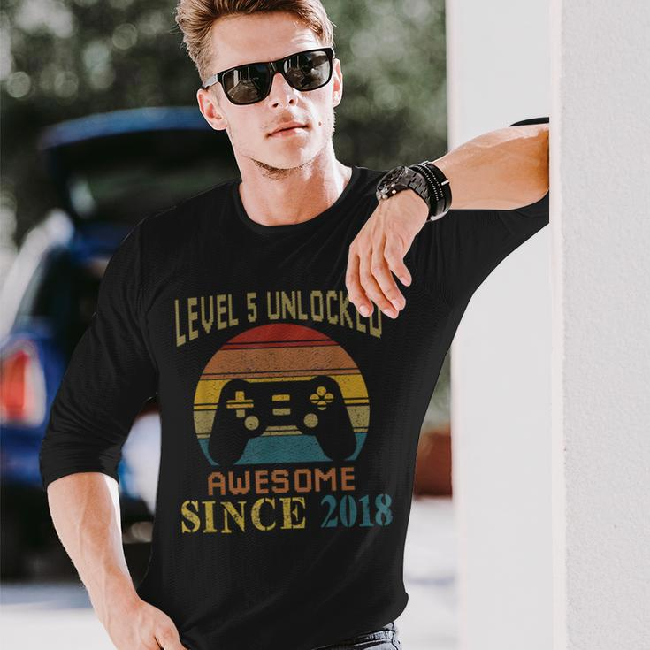 5 Years Level 5 Unlocked Awesome Since 2018 5Th Birthday Men Women Long Sleeve T-shirt Graphic Print Unisex Gifts for Him