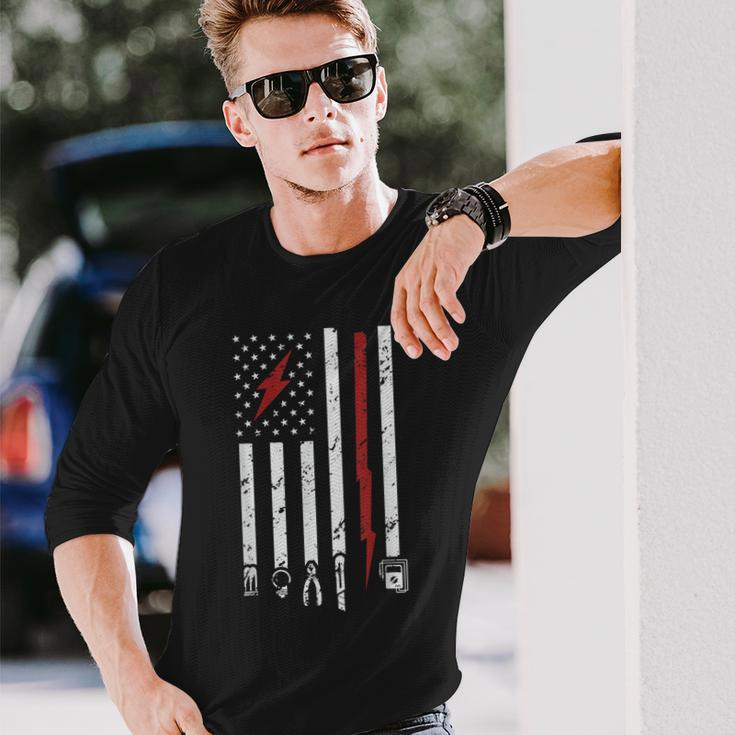 American Electritian Usa Flag Patriot Handyman Dad Birthday Long Sleeve T-Shirt Gifts for Him