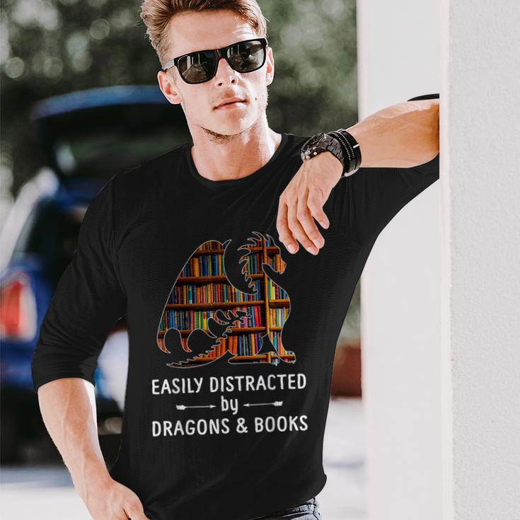 Awesome Dragons Easily Distracted By Dragons And Books Long Sleeve T-Shirt Gifts for Him