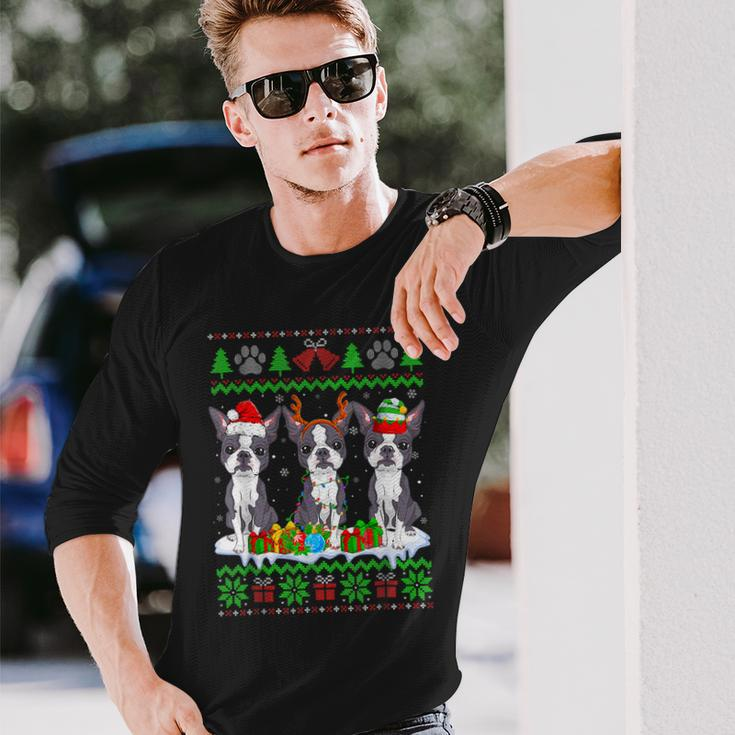 Christmas Boston Terrier Dog Puppy Lover Ugly Xmas Sweater Men Women Long Sleeve T-shirt Graphic Print Unisex Gifts for Him