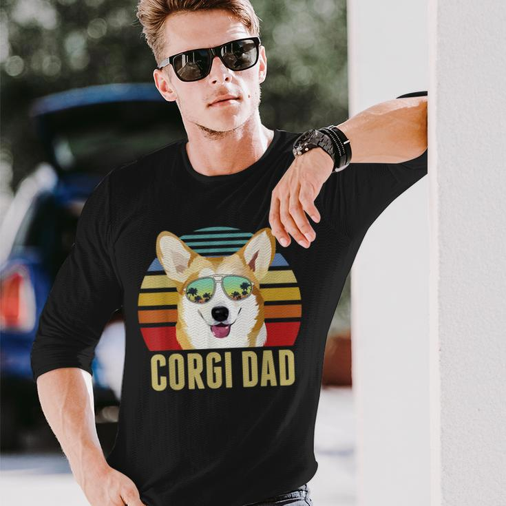 Corgi Dog Dad Vintage Retro Sunset Beach Vibe Fathers Day Long Sleeve T-Shirt Gifts for Him