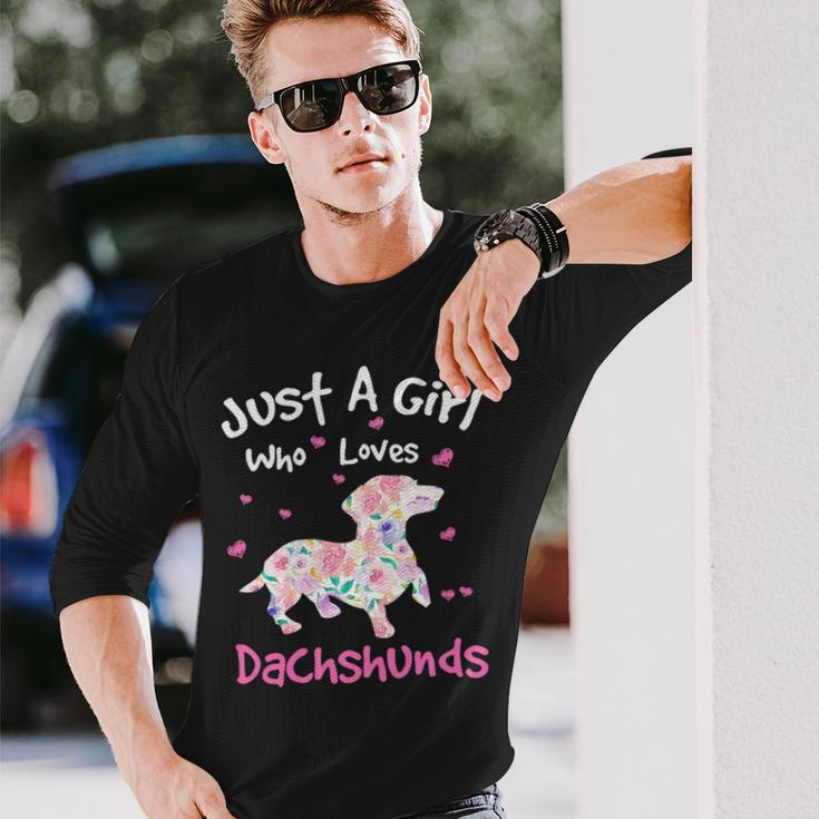 Dachshund Wiener Dog Just A Girl Who Loves Dachshunds Dog Silhouette Flower Doxie Long Sleeve T-Shirt Gifts for Him