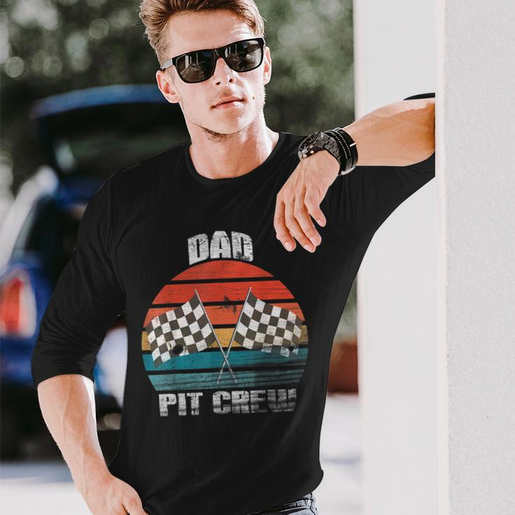 Dad Pit Crew Race Car Chekered Flag Vintage Racing Party Long Sleeve T-Shirt Gifts for Him