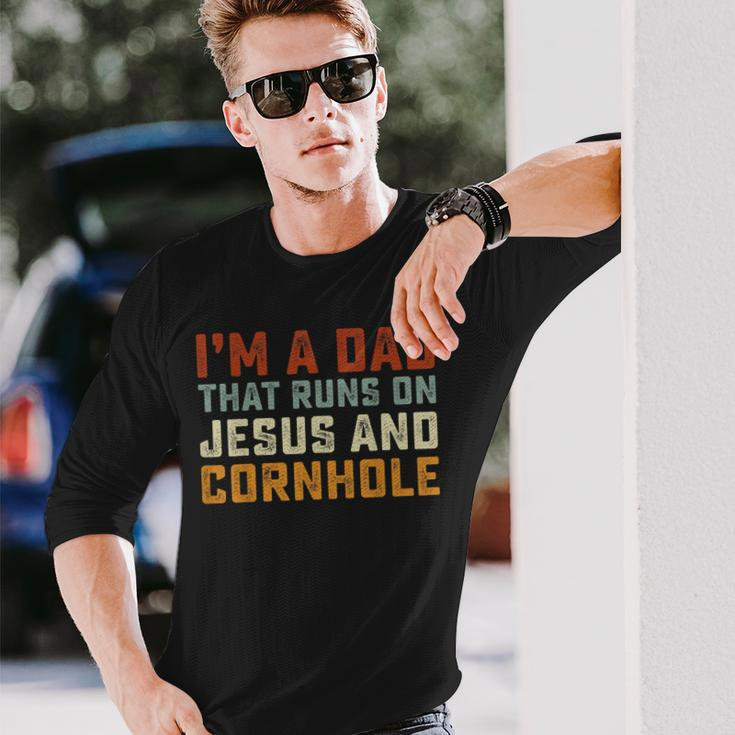 Im A Dad That Runs On Jesus Cornhole Christian Vintage Long Sleeve T-Shirt Gifts for Him