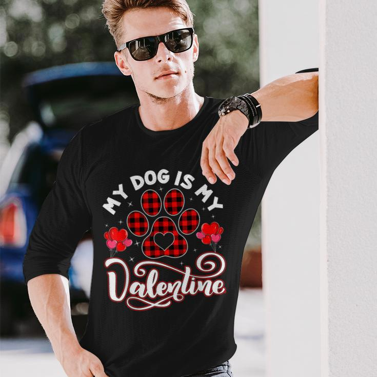Dog Lover My Dog Is My Valentine Cute Paw Print Red Plaid Long Sleeve T-Shirt Gifts for Him