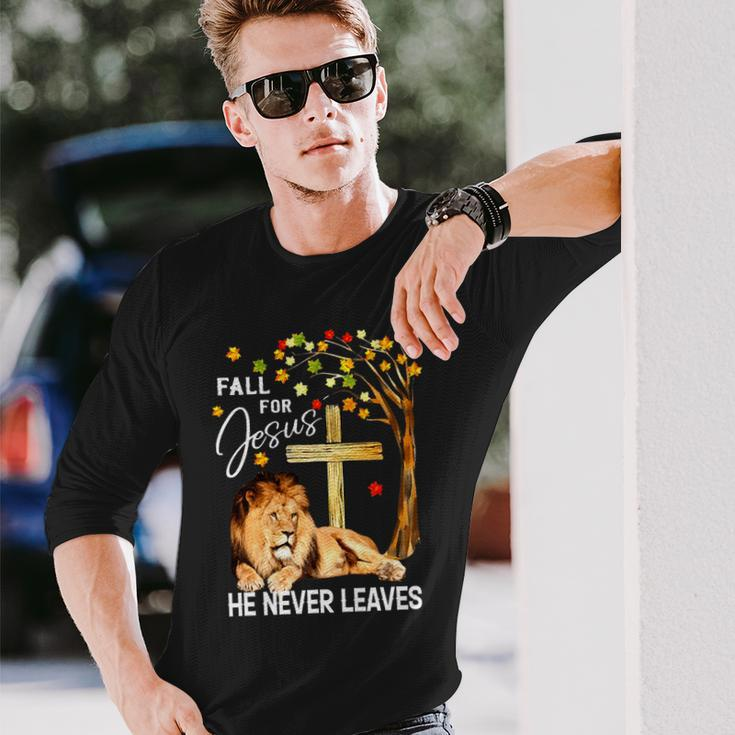 Fall For Jesus He Never Leaves Lion Jesus Cross Christian Long Sleeve T-Shirt Gifts for Him