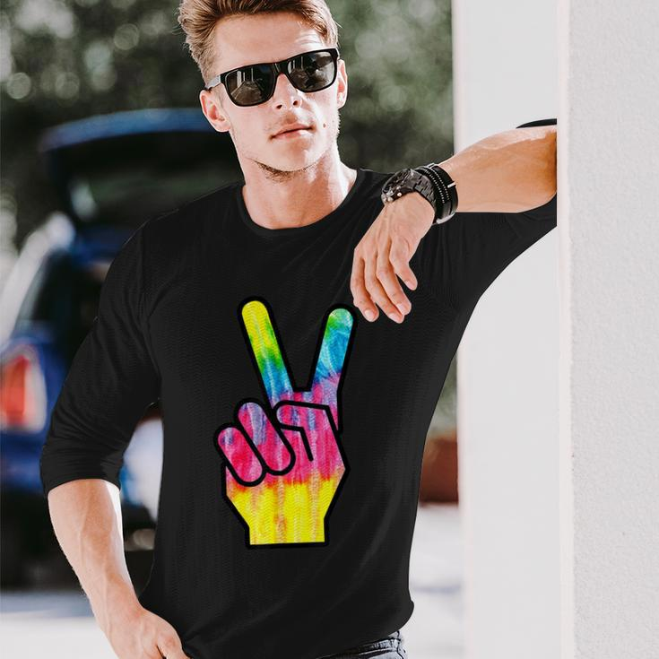 Finger Peace Sign Tie Dye 60S 70S Hippie Costume Long Sleeve T-Shirt T-Shirt Gifts for Him