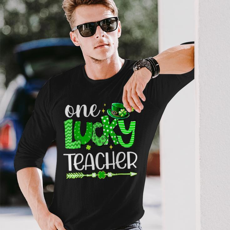 Green Leopard Shamrock One Lucky Teacher St Patricks Day Long Sleeve T-Shirt Gifts for Him
