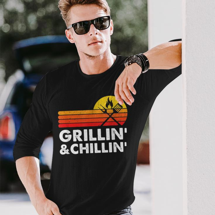 Grilling And Chilling Smoke Meat Bbq Home Cook Dad Men Long Sleeve T-Shirt Gifts for Him
