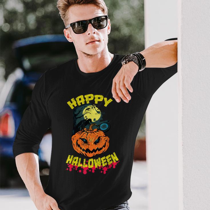 Halloween Grinsender Kürbis Horror Lustiges Spaß Langarmshirts Geschenke für Ihn