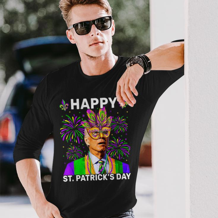 Happy St Patricks Day Confused Biden Sarcastic Mardi Gras Long Sleeve T-Shirt Gifts for Him