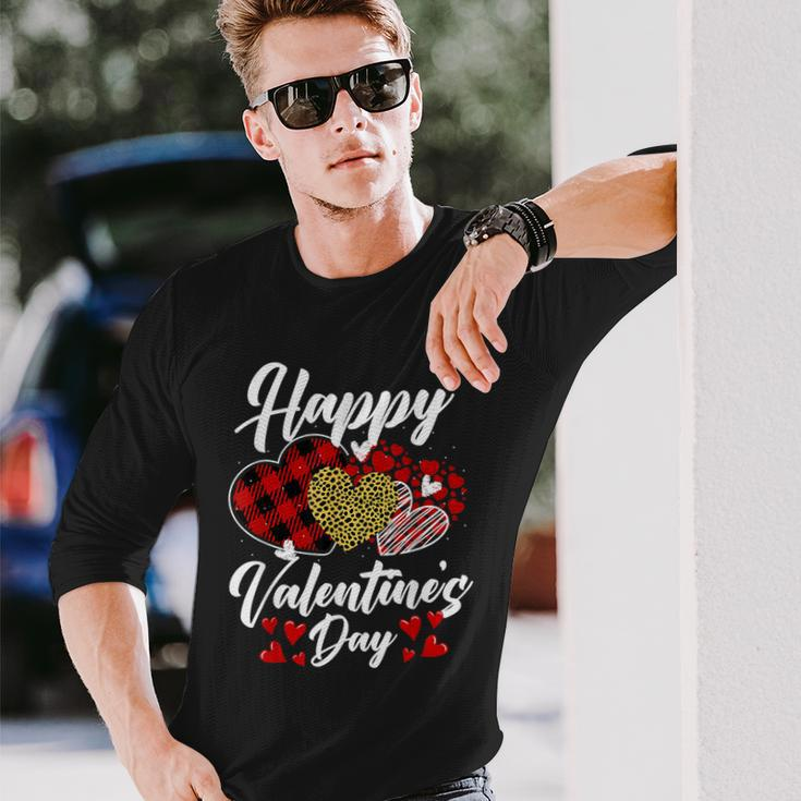 Happy Valentines Day Hearts With Leopard Plaid Valentine Long Sleeve T-Shirt Gifts for Him