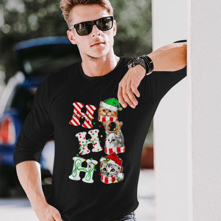 Ho Ho Ho Cats Santa Hat Lights Antlers Christmas Gifts Men Women Long Sleeve T-shirt Graphic Print Unisex Gifts for Him
