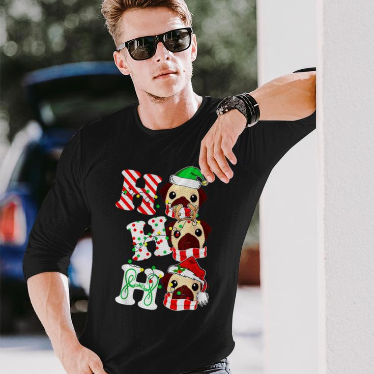 Ho Ho Ho Pug Dog Santa Hat Lights Antlers Christmas Gifts Men Women Long Sleeve T-shirt Graphic Print Unisex Gifts for Him