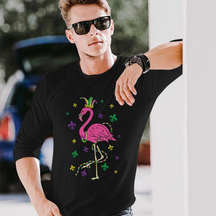 Jester Pink Flamingo Bird Animal Cute Mardi Gras Carnival V5 Long Sleeve T-Shirt Gifts for Him