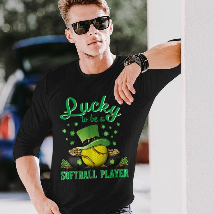 Lucky To Be A Softball Player St Patricks Day Lucky Clover Long Sleeve T-Shirt Gifts for Him