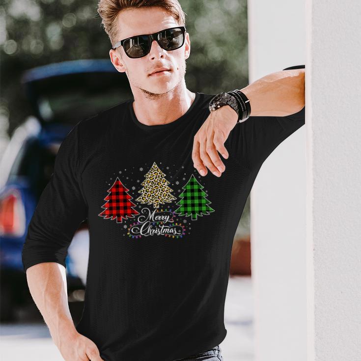 Women's Merry Christmas Tree Shirt - Buffalo Plaid & Leopard Print Raglan Long Sleeve (XL, Black)