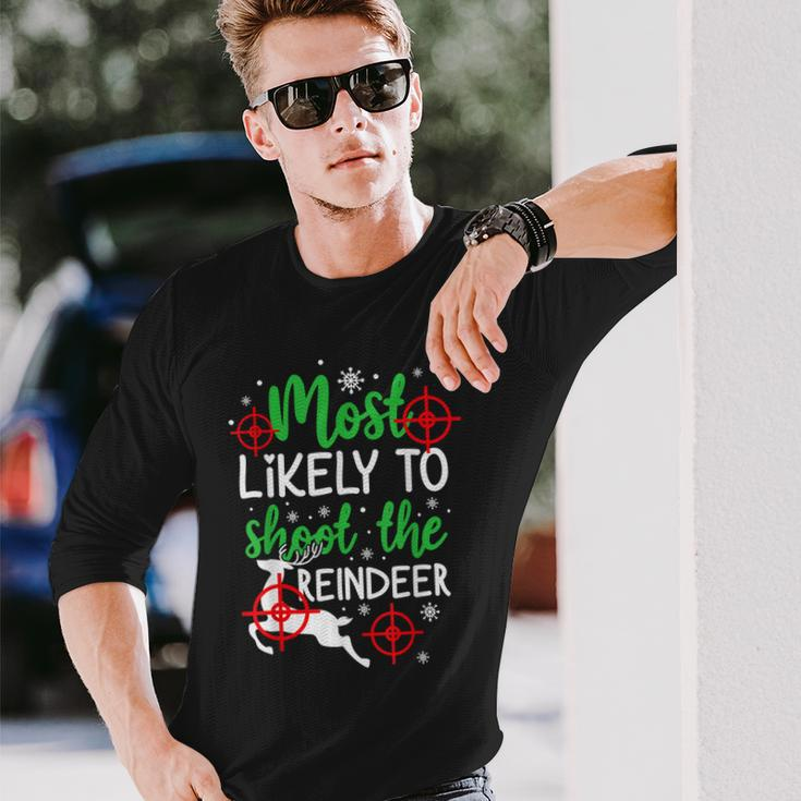 Most Likely To Shoot The Reindeer Funny Holiday Christmas Men Women Long Sleeve T-shirt Graphic Print Unisex Gifts for Him